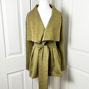 NWT Olive Suede-Like Waterfall Cardigan Tie Waist Chic Boho Wrap F/S